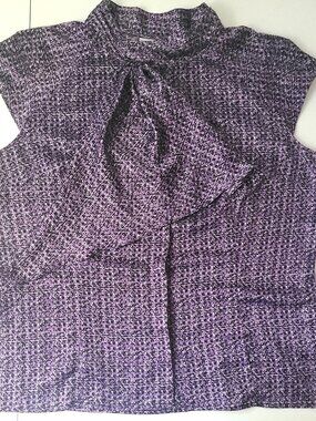 Worthington Purple Geometric Grid Tie Neck Cap Sleeve Blouse Top XL